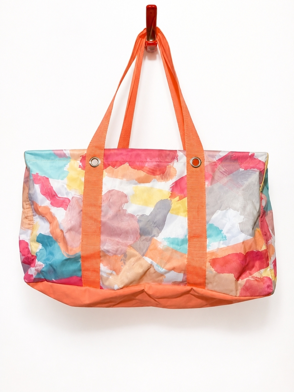 Thirty One Colorful Watercolor Print Large Utility Tote - Orange Handles